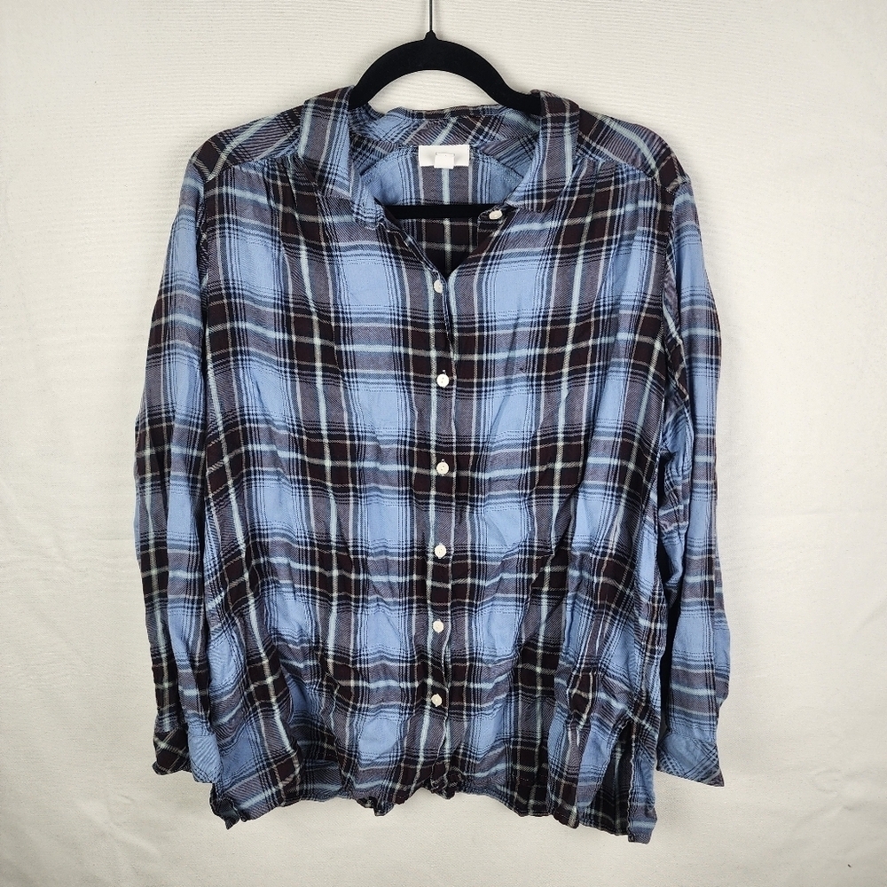 J. Jill Blue Plaid Button Front Shirt Cotton Modal Blend L Petite RN 97641